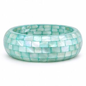 Vintage Turquoise Blue Green Mother of Pearl Mosaic Bangle, Chunky Shell